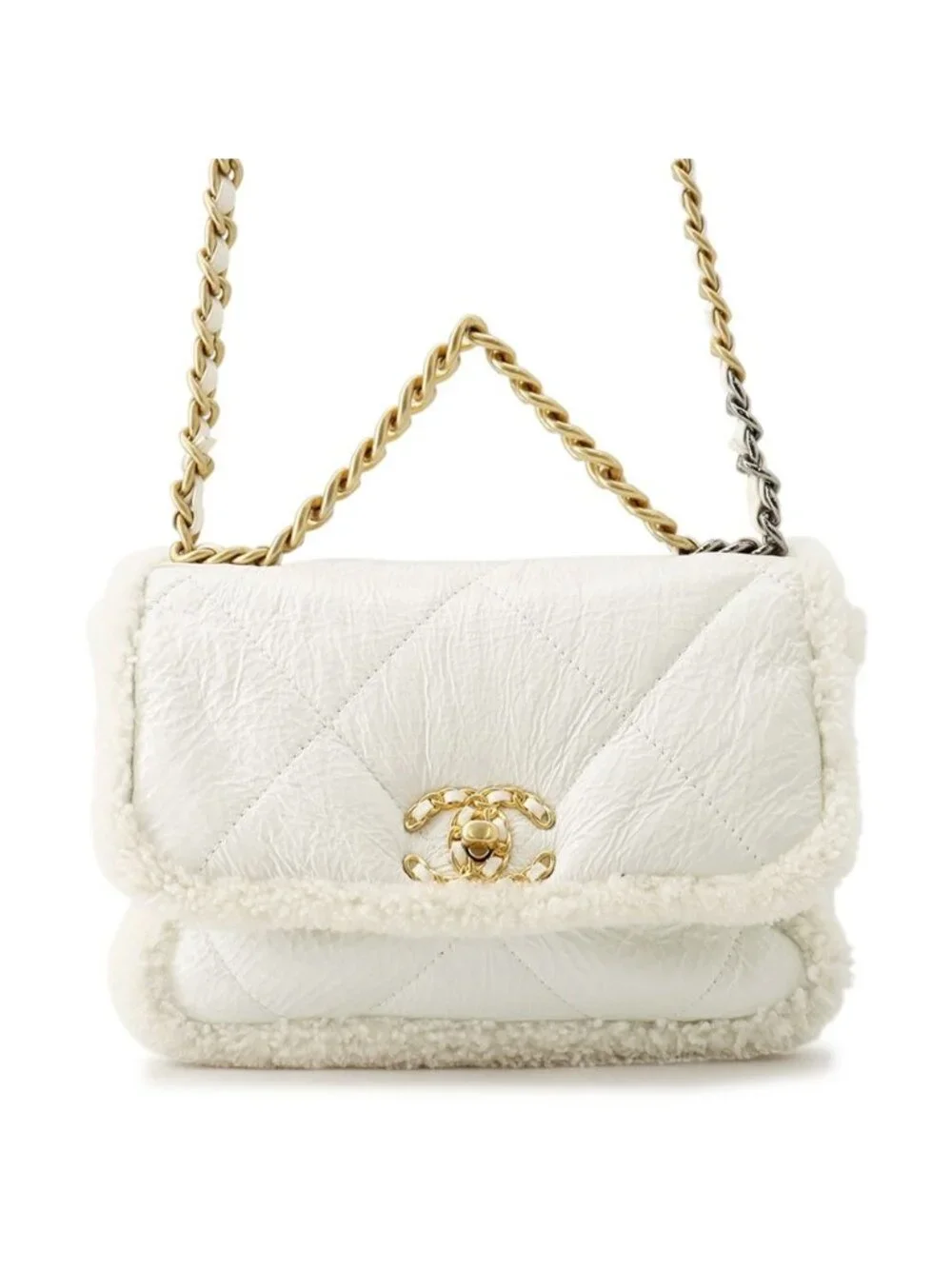 Chanel Chain Shoulder Bag Chanel 19 Flap CC Logo Lambskin Shearling White 2-Way